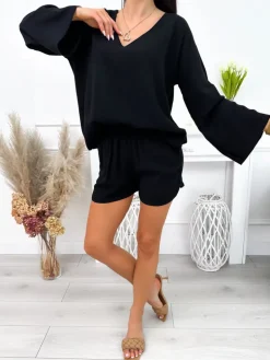 Czarny Komplet Bluzka+Spodenki 12242-22-B|Modna Kiecka Fashion