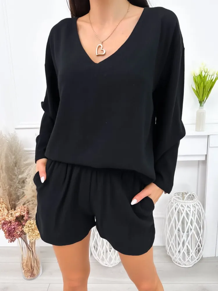Czarny Komplet Bluzka+Spodenki 12242-22-B|Modna Kiecka Fashion