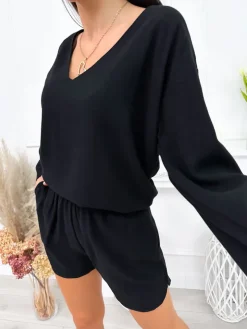Czarny Komplet Bluzka+Spodenki 12242-22-B|Modna Kiecka Fashion