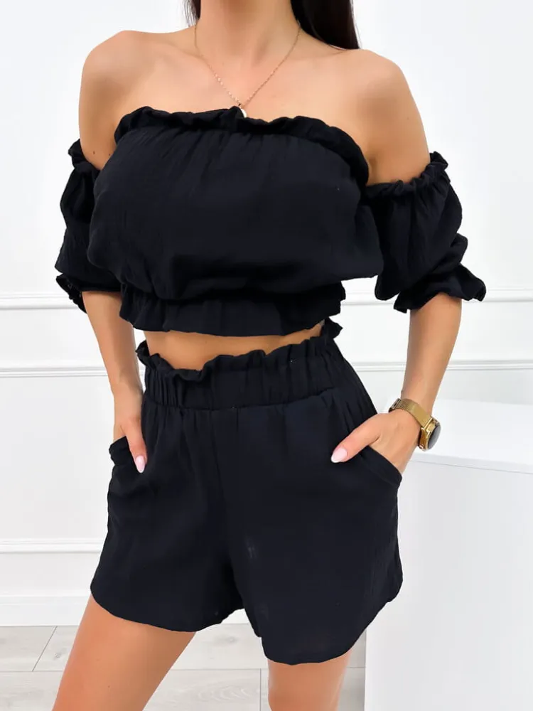 Czarny Komplet Crop Top + Spodenki 12534-414-A|Modna Kiecka Best