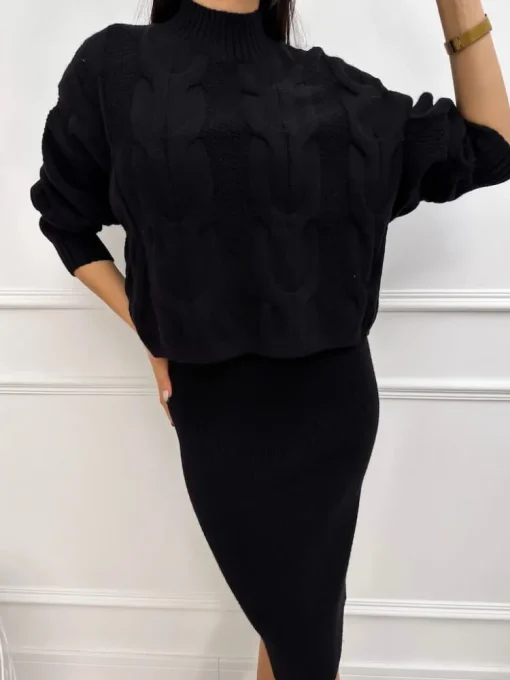 Czarny Komplet Sweterek + Sukienka 13244-94-B|Modna Kiecka Fashion