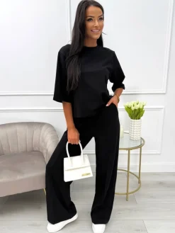 Czarny Komplet T-shirt Oversize + Spodnie 13789-174-B|Modna Kiecka Fashion