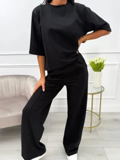 Czarny Komplet T-shirt Oversize + Spodnie 13789-174-B|Modna Kiecka Fashion