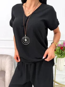 Czarny Komplet z Ozdobnym Wisiorkiem 13637-108-B|Modna Kiecka Outlet