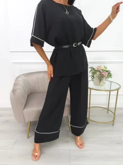 Czarny Komplet z Paskiem 14070-325-C|Modna Kiecka Outlet