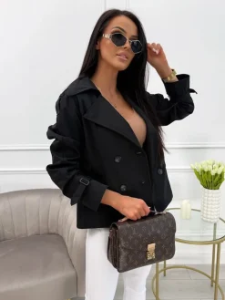 Czarny Krótki Trencz 13758-154-B|Modna Kiecka Fashion