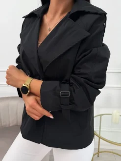 Czarny Krótki Trencz 13758-154-B|Modna Kiecka Fashion