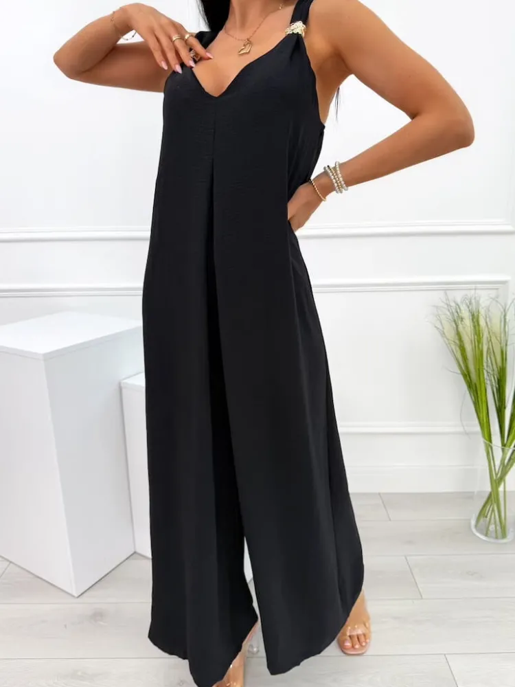 Czarny Letni Kombinezon z Szerokimi Nogawkami 14109-281-A|Modna Kiecka Fashion