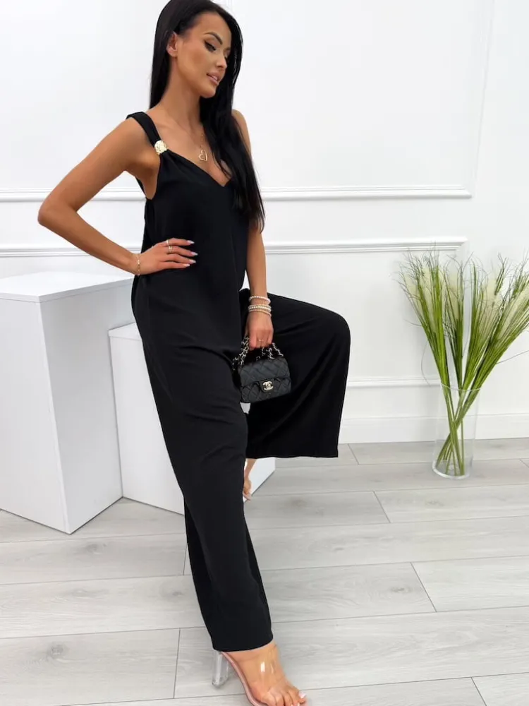 Czarny Letni Kombinezon z Szerokimi Nogawkami 14109-281-A|Modna Kiecka Fashion