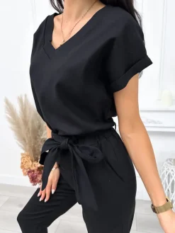 Czarny Lniany Komplet 12275-172-B|Modna Kiecka New