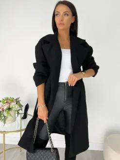 Czarny Płaszcz z Paskiem 6892-137-B|Modna Kiecka New