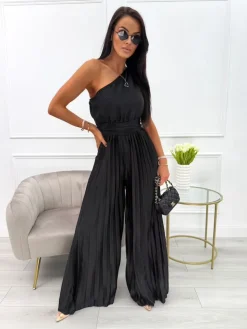 Czarny Plisowany Kombinezon na Jedno Ramię 13955-290-B|Modna Kiecka Hot