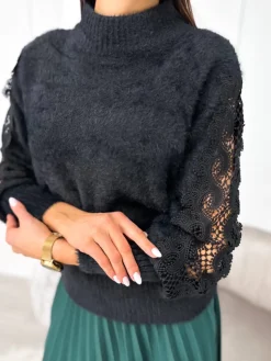 Czarny Pluszowy Sweter z Półgolfem 11059-510-C|Modna Kiecka Fashion