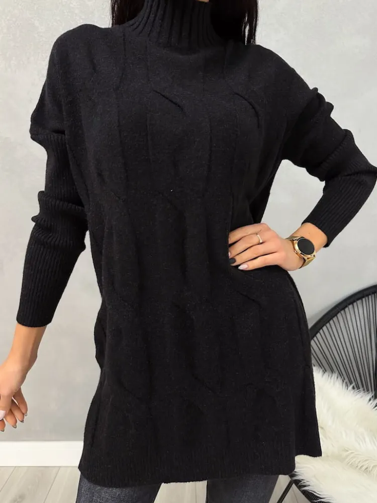 Czarny Sweter Oversize z Półgolfem 13095-209-A|Modna Kiecka Sale