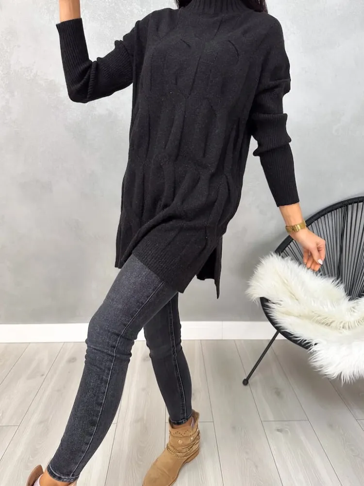 Czarny Sweter Oversize z Półgolfem 13095-209-A|Modna Kiecka Sale
