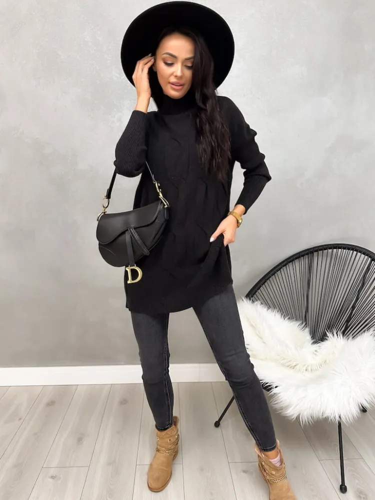 Czarny Sweter Oversize z Półgolfem 13095-209-A|Modna Kiecka Sale