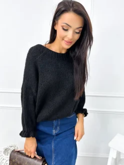Czarny Sweterek z Ozdobnym Rękawem 12885-312-C|Modna Kiecka Outlet