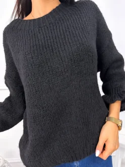 Czarny Sweterek z Ozdobnym Rękawem 12885-312-C|Modna Kiecka Outlet