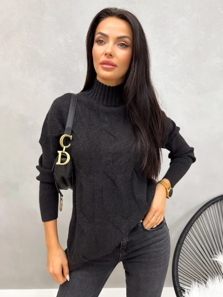 Czarny Sweterek z Tłoczeniami i Półgolfem 13176-363-B|Modna Kiecka Hot