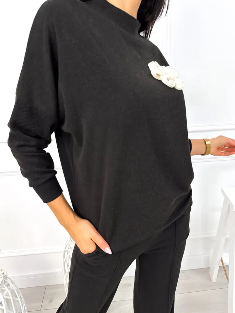 Czarny Sweterkowy Komplet 13050-321-B|Modna Kiecka Clearance