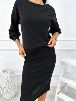 Czarny Sweterkowy Komplet Bluza + Sukienka 12827-254-B|Modna Kiecka Fashion