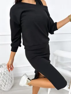 Czarny Sweterkowy Komplet Bluza + Sukienka 12827-254-B|Modna Kiecka Fashion