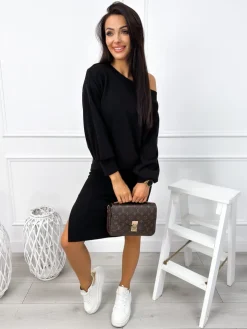 Czarny Sweterkowy Komplet Bluza + Sukienka 12827-254-B|Modna Kiecka Fashion