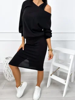 Czarny Sweterkowy Komplet Bluza + Sukienka 12827-254-B|Modna Kiecka Fashion