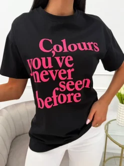Czarny T-shirt z Nadrukiem 13959-41-B|Modna Kiecka Online