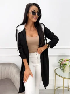 Czarny Zamszowy Płaszcz z Kapturem 13561-420-B|Modna Kiecka Hot