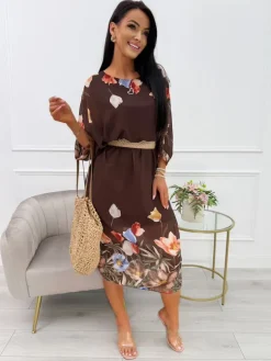Czekoladowa Szyfonowa Sukienka Oversize w Kwiaty 14075-12-B|Modna Kiecka Hot