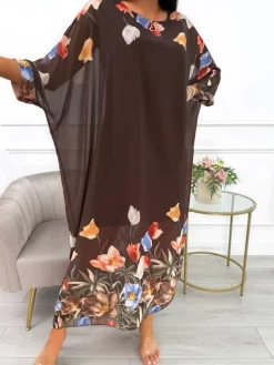 Czekoladowa Szyfonowa Sukienka Oversize w Kwiaty 14075-12-B|Modna Kiecka Hot