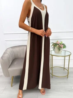 Czekoladowo-Beżowa Sukienka Maxi 13953-261-C|Modna Kiecka Sale
