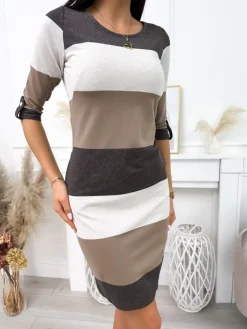 Czekoladowo-Beżowo-Brązowa Sukienka 11708-247-H|Modna Kiecka Outlet
