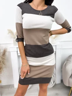 Czekoladowo-Beżowo-Brązowa Sukienka 11708-247-H|Modna Kiecka Outlet