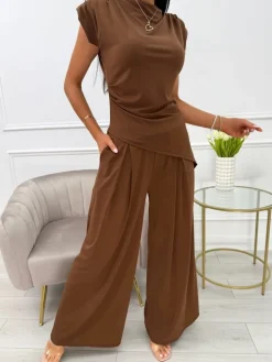 Czekoladowy Komplet Asymetryczna Bluzka + Szerokie Spodnie 13935-233-C|Modna Kiecka Fashion