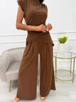 Czekoladowy Komplet Asymetryczna Bluzka + Szerokie Spodnie 13935-233-C|Modna Kiecka Fashion