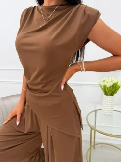 Czekoladowy Komplet Asymetryczna Bluzka + Szerokie Spodnie 13935-233-C|Modna Kiecka Fashion