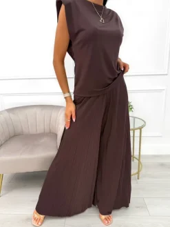 Czekoladowy Komplet Bluzka + Szerokie Spodnie 14103-428-A|Modna Kiecka Outlet
