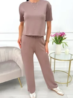 Czekoladowy Komplet Crop Top + Spodnie 13641-99-C|Modna Kiecka Best