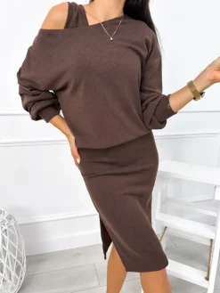 Czekoladowy Sweterkowy Komplet Bluza + Sukienka 12827-254-C|Modna Kiecka Fashion
