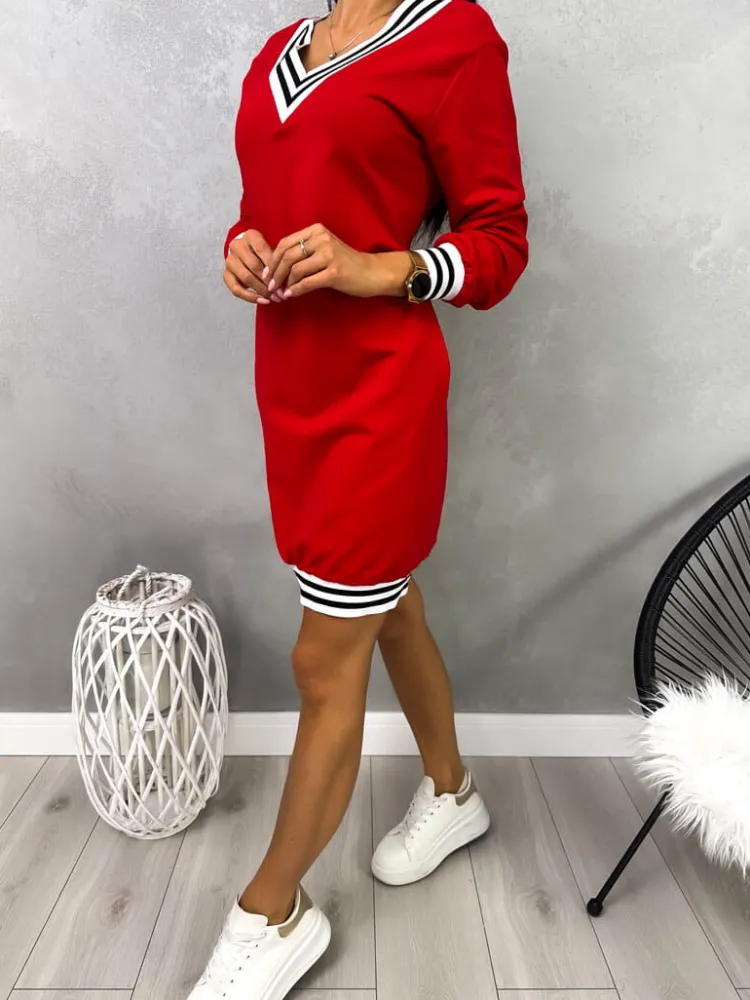 Czerwona Bawełniana Sukienka z Dekoltem V 13028-33-B|Modna Kiecka Fashion