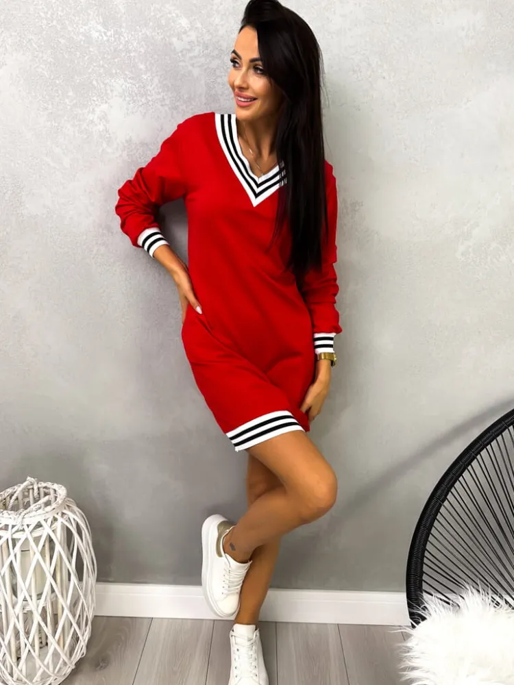 Czerwona Bawełniana Sukienka z Dekoltem V 13028-33-B|Modna Kiecka Fashion