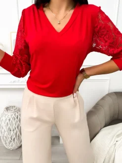Czerwona Bluzka z Koronkowym Rękawem 11653-406-B|Modna Kiecka Outlet