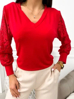 Czerwona Bluzka z Koronkowym Rękawem 11653-406-B|Modna Kiecka Outlet
