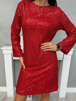 Czerwona Cekinowa Sukienka z Wiązaniem 13408-316-B|Modna Kiecka New