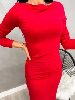Czerwona Dopasowana Sukienka z Marszczeniami 13200-247-B|Modna Kiecka Discount