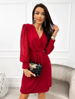 Czerwona Kopertowa Sukienka z Łańcuszkiem 9225-08-E|Modna Kiecka Sale