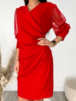 Czerwona Kopertowa Sukienka z Ozdobnym Rękawem 9244-130-B|Modna Kiecka Fashion