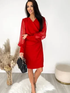 Czerwona Kopertowa Sukienka z Ozdobnym Rękawem 9244-130-B|Modna Kiecka Fashion